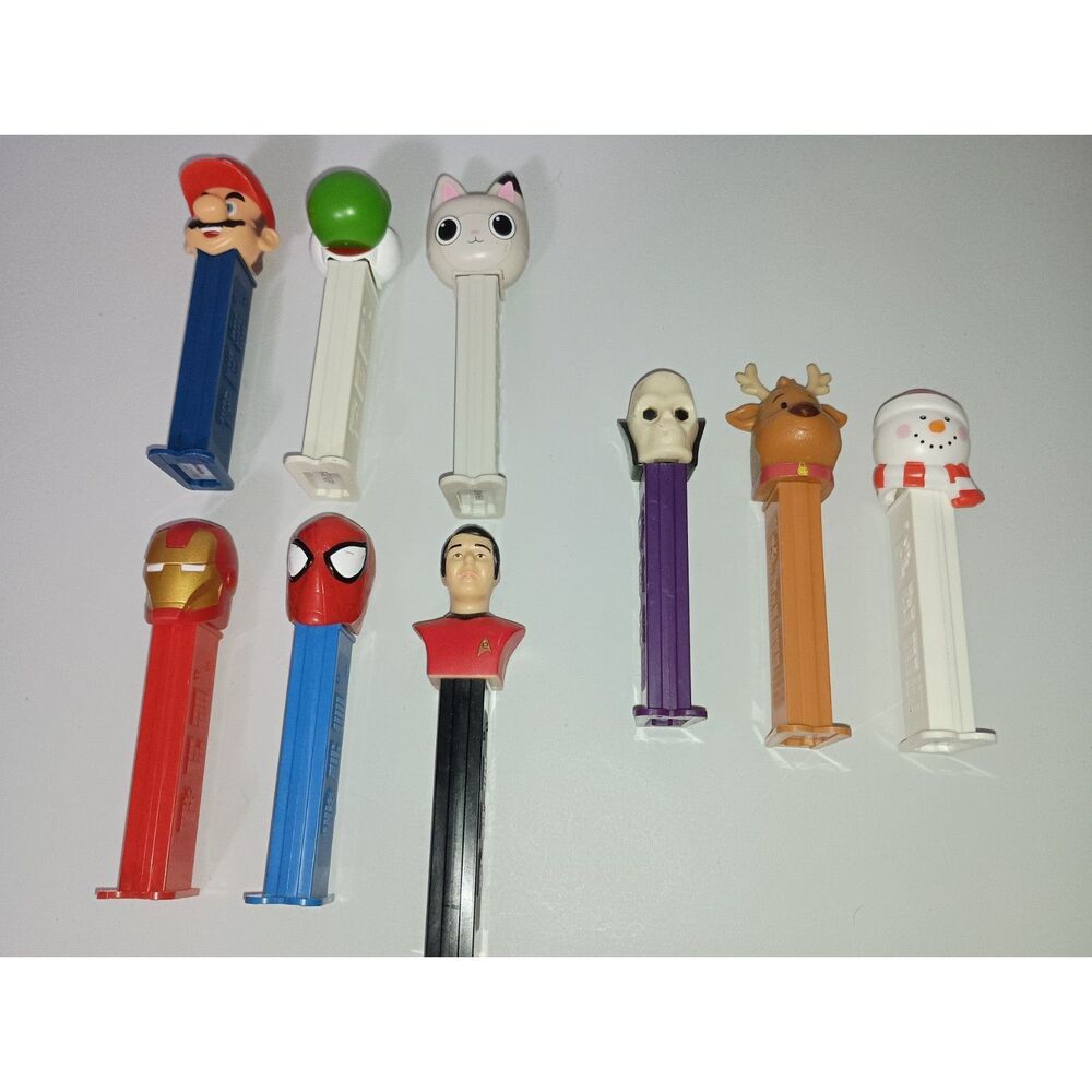 PEZ Candy Dispensers - Mix Lot of Nine (9) -Superman, Spiderman, Mario, Reindeer
